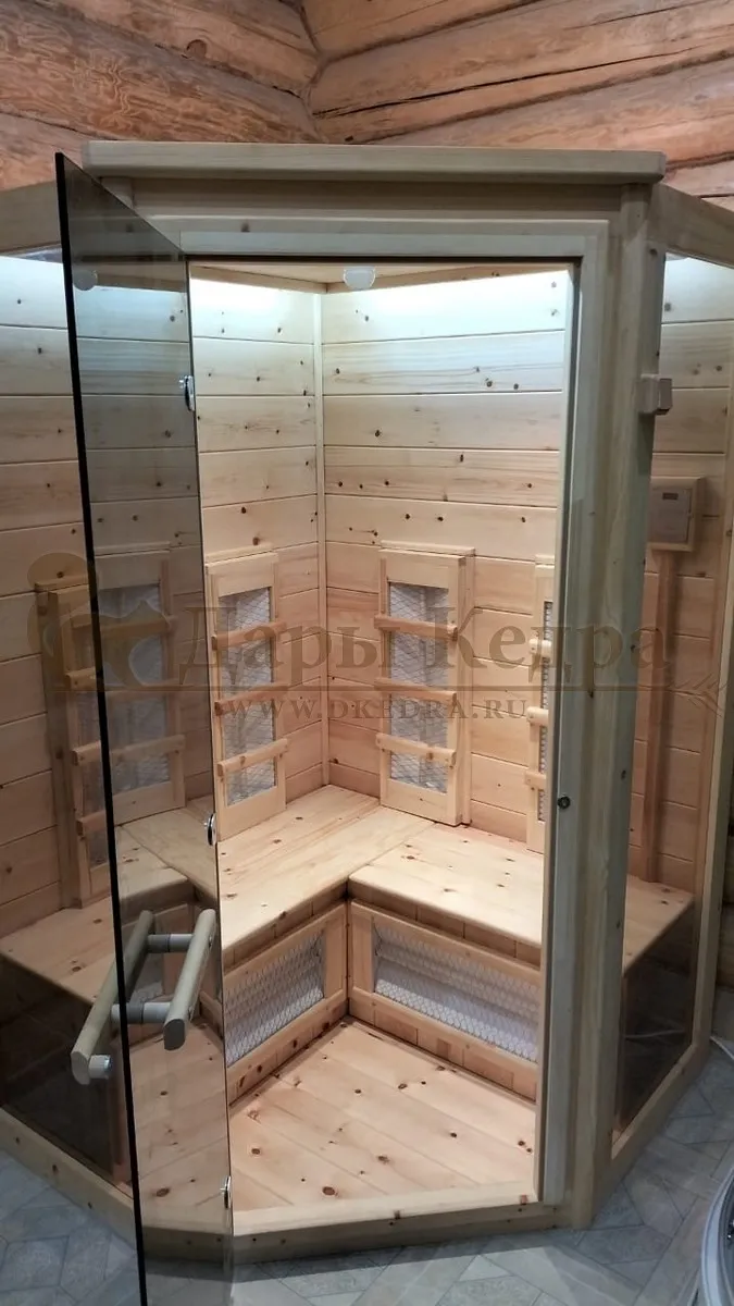 Трёхместная угловая инфракрасная сауна кабина из кедра с керамическими излучателями