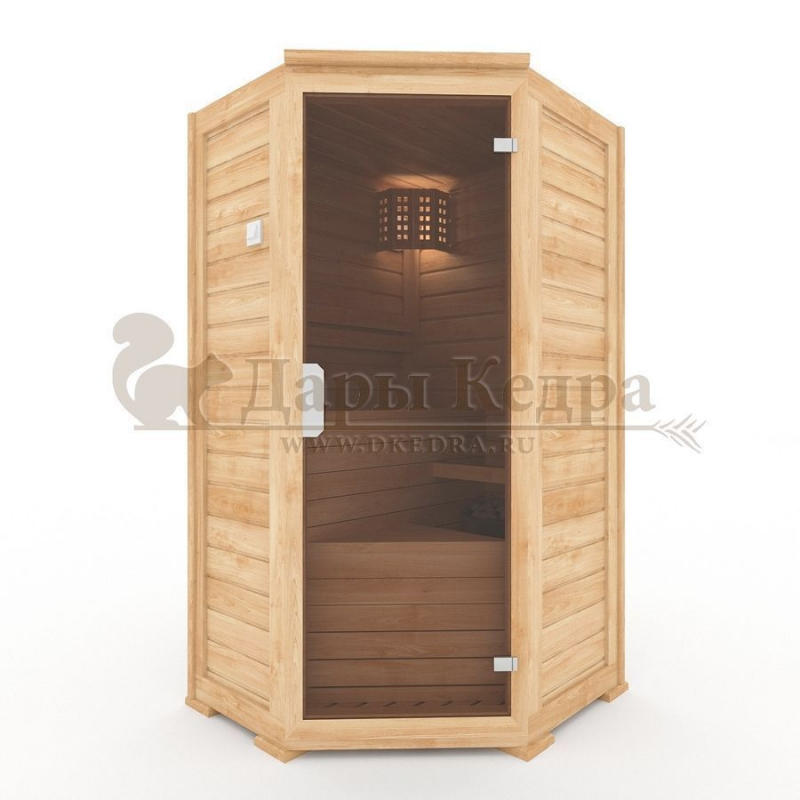 Одноместная угловая финская сауна кабина из кедра и липы с электрокаменкой Одноместная угловая финская сауна кабина из кедра и липы с электрокаменкой